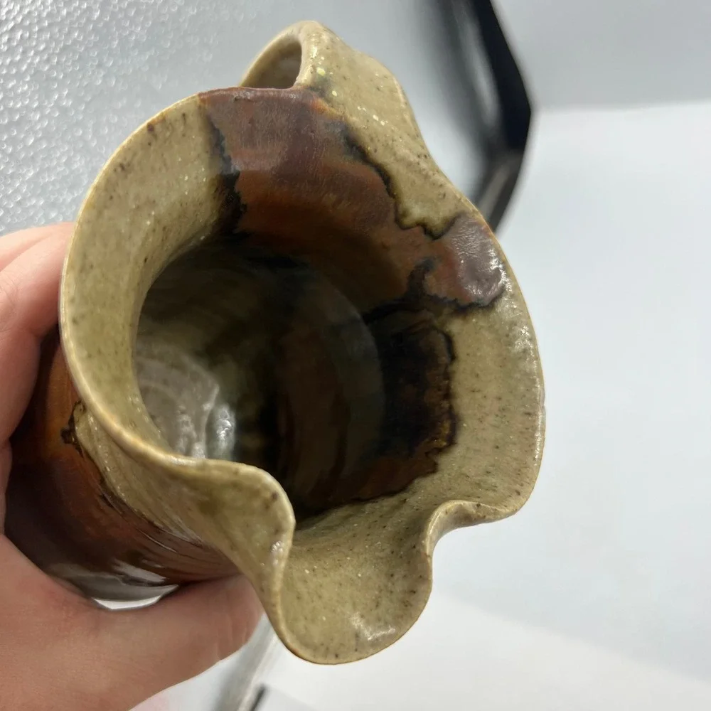 Vtg Handmade Stoneware Pitcher Brown Tan Drip Glaze Signed Studio Pottery